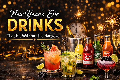 Festive New Year’s Eve mocktails and cocktails using premium cocktail mixers, arranged for a party-friendly drinks table with soda, citrus and ice.